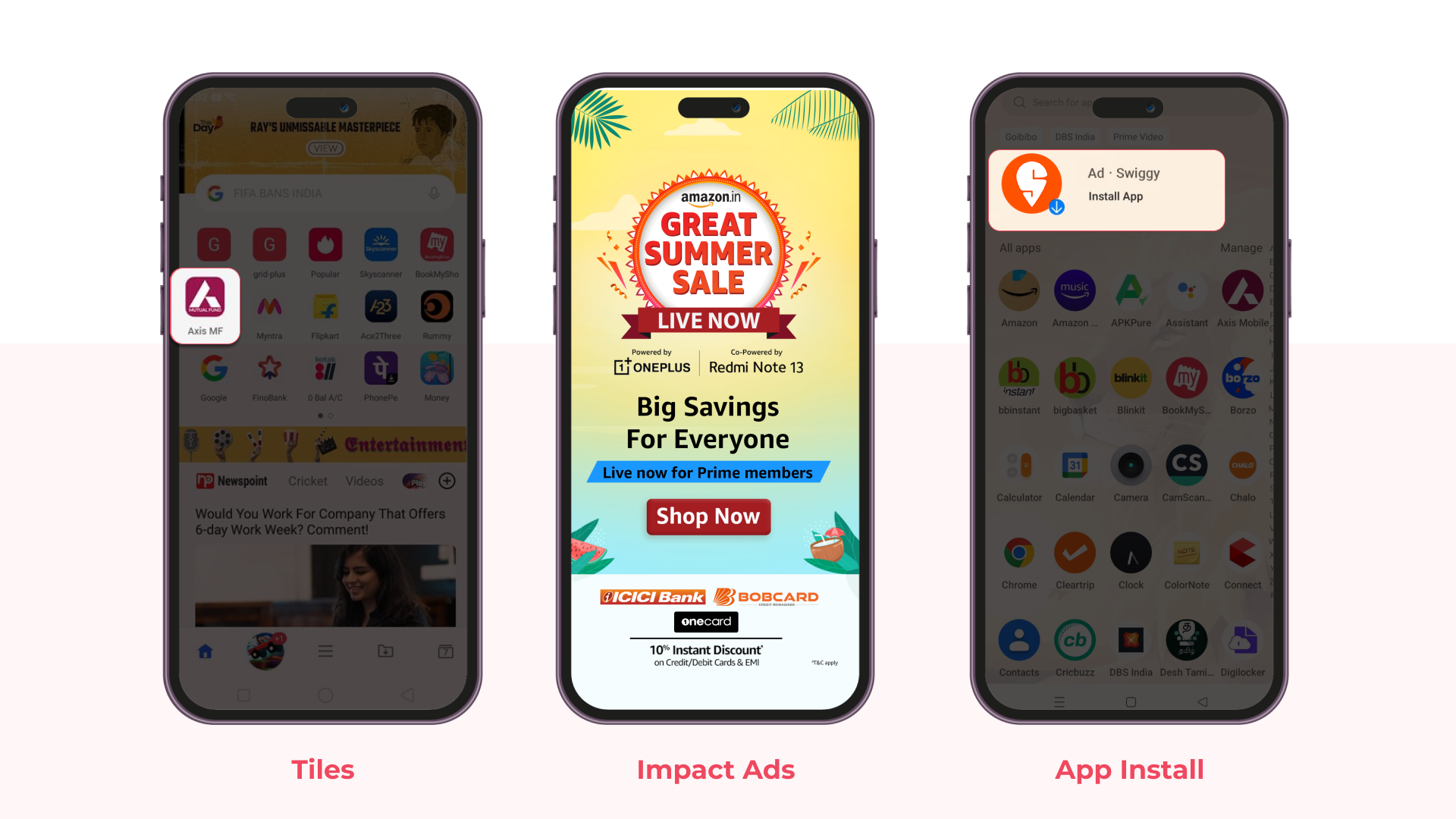 VEVE Ad Formats (Left to Right): Tiles icon on browser start page, Impact Splash screen ad, App drawer app install ad 